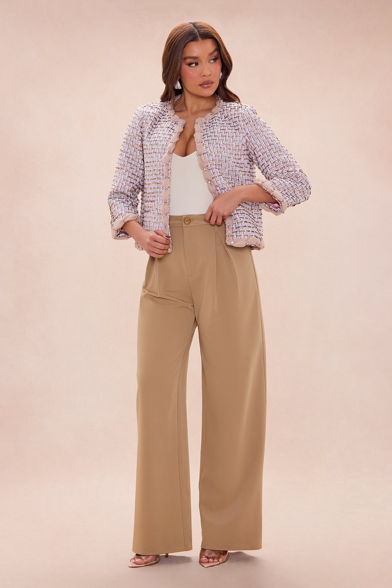 Coco Embellished Tweed Jacket - Rose Gold