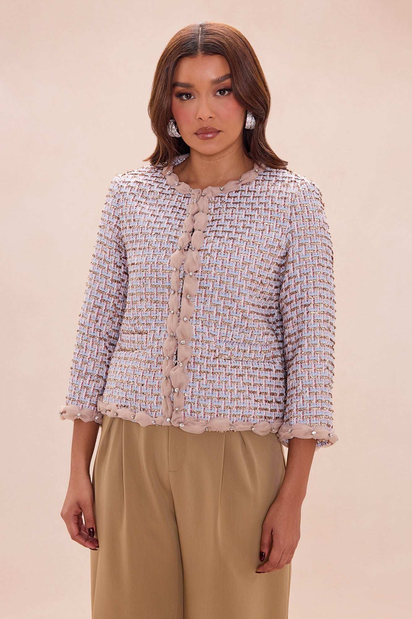 Coco Embellished Tweed Jacket - Rose Gold