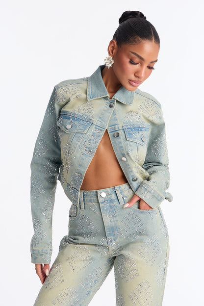 Star Quality Embellished Stretch Denim Jacket - Vintage Wash