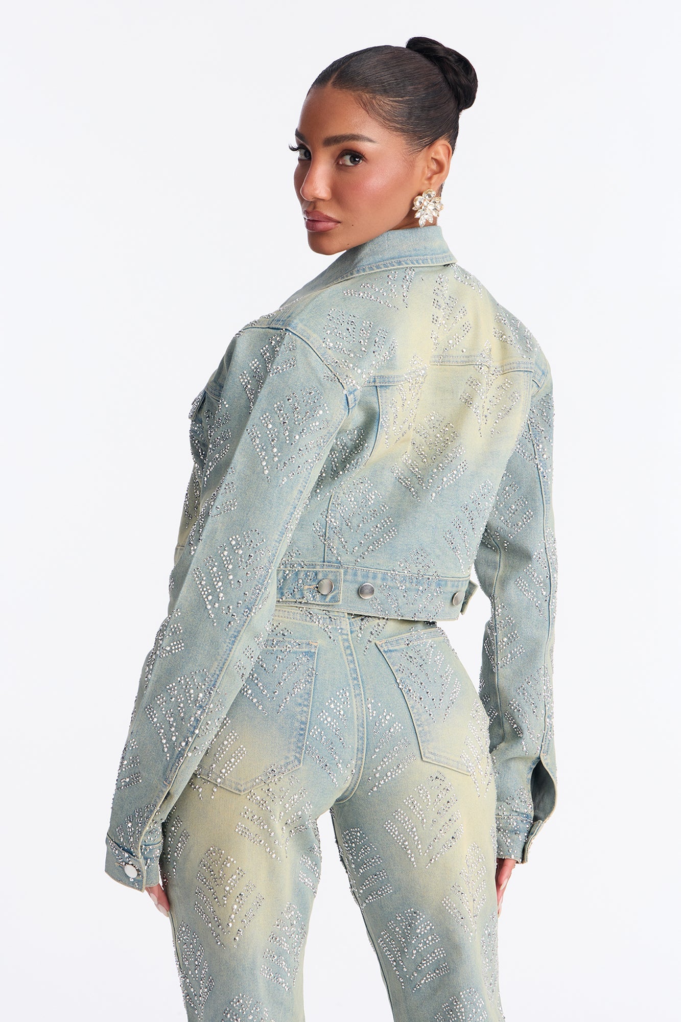 Star Quality Embellished Stretch Denim Jacket - Vintage Wash