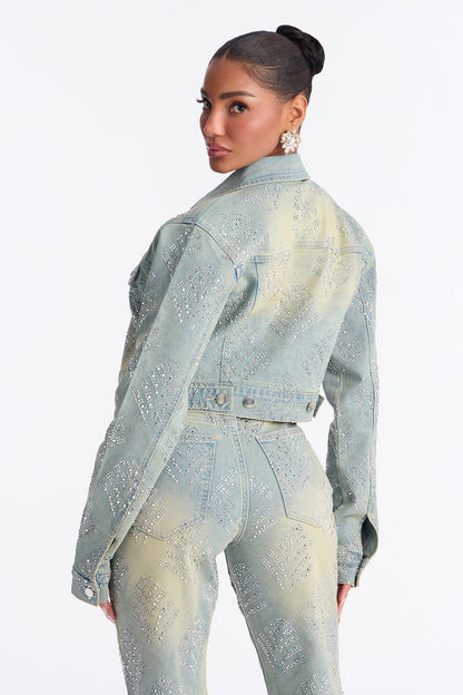 Star Quality Embellished Stretch Denim Jacket - Vintage Wash