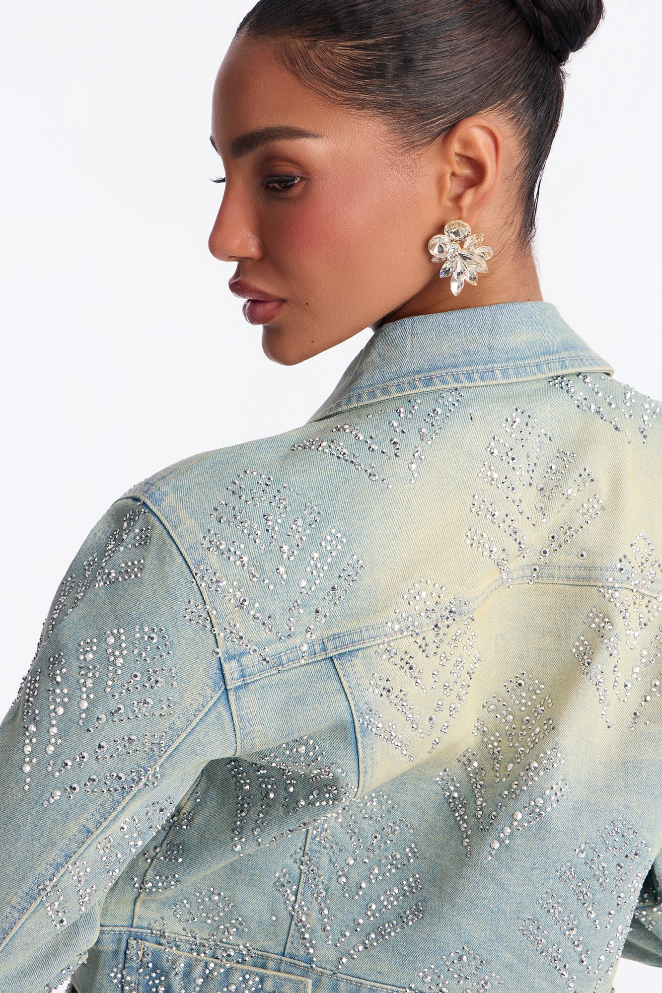 Star Quality Embellished Stretch Denim Jacket - Vintage Wash