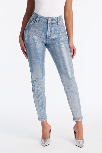 Elegante Foil Print Skinny Jeans - Light Wash