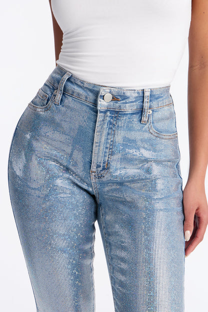 Elegante Foil Print Skinny Jeans - Light Wash