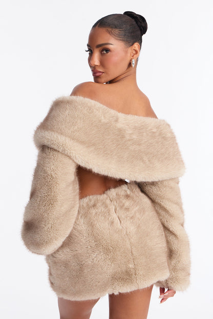 Jada Faux Fur Mini Skirt Set - Taupe
