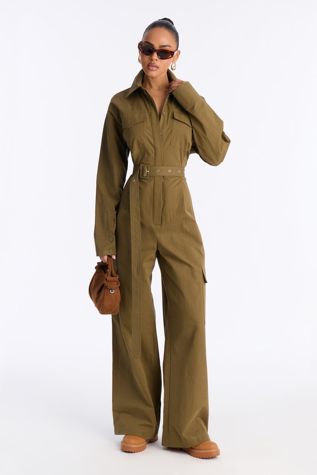 Streetwear Muse Utility Wide Leg Jumpsuit - Olive