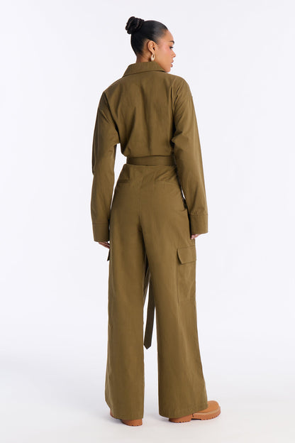 Streetwear Muse Utility Wide Leg Jumpsuit - Olive