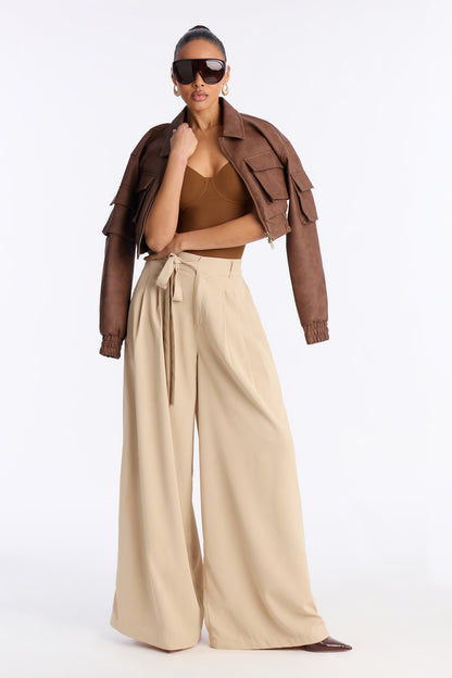Quiet Luxury Tie Waist Crepe Trouser 33″ - Khaki