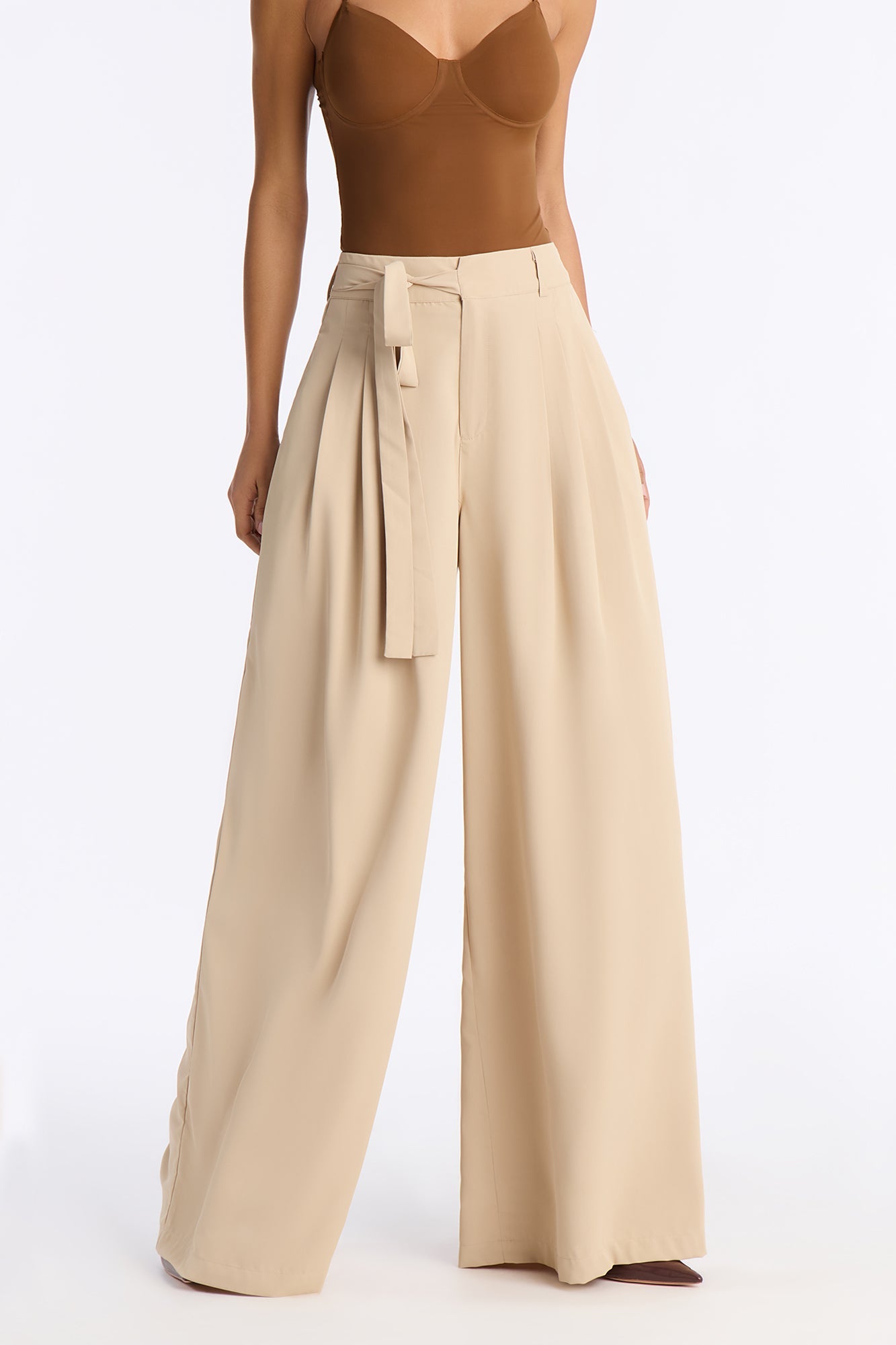 Quiet Luxury Tie Waist Crepe Trouser 33″ - Khaki