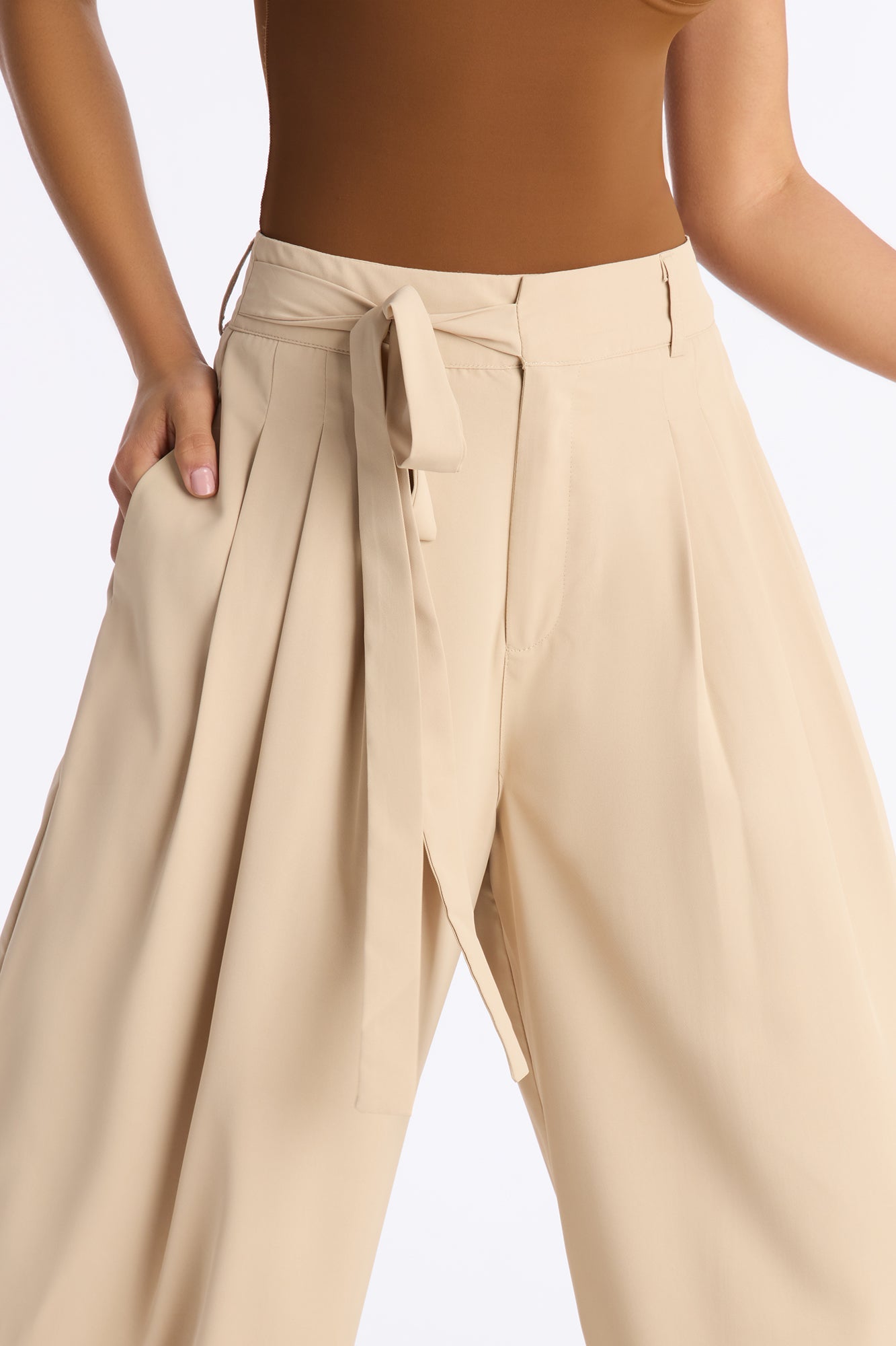 Quiet Luxury Tie Waist Crepe Trouser 33″ - Khaki