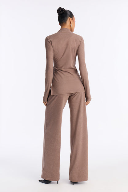 Rosie Brushed Knit High Neck Pant Set - Brown