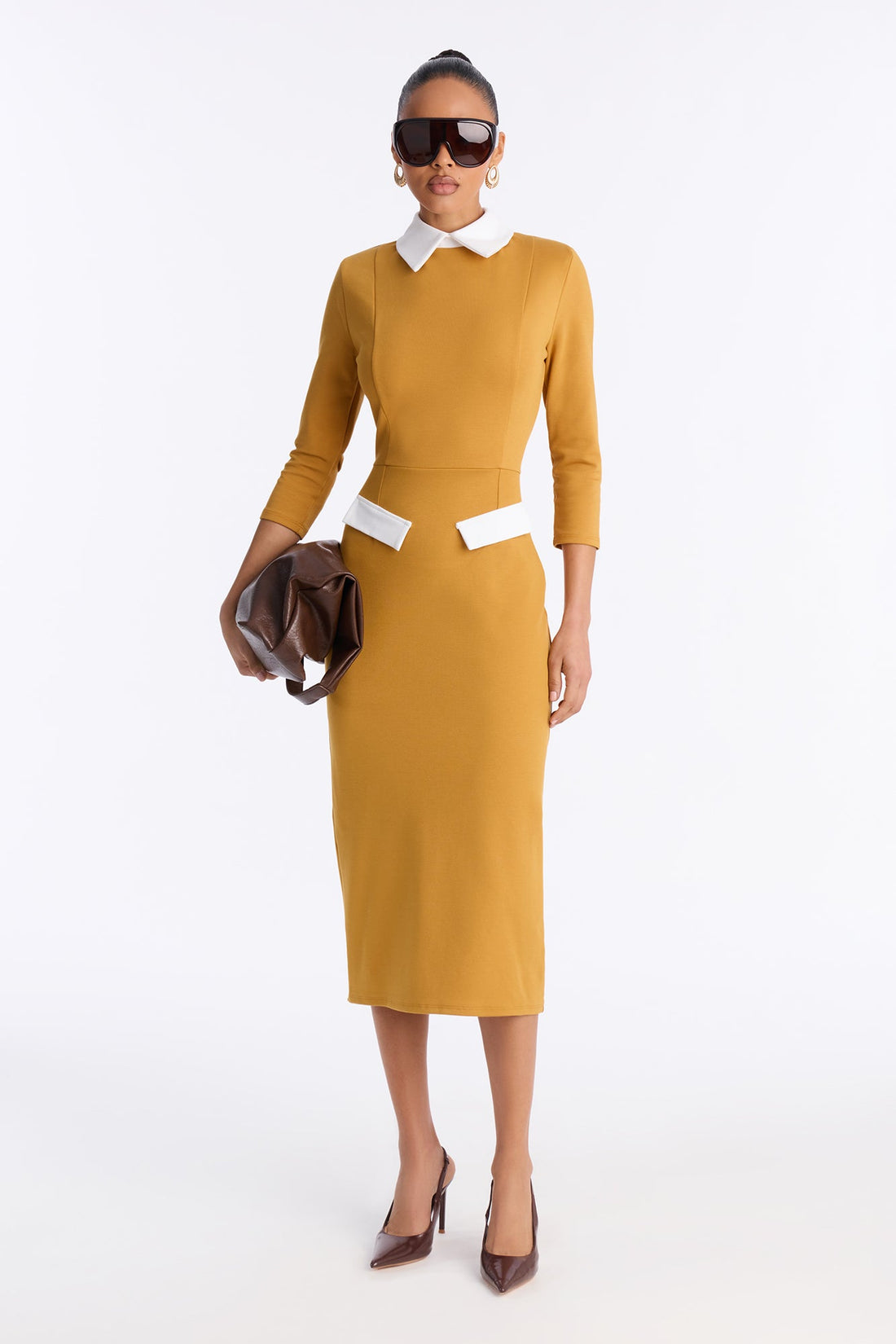 All Business 3/4 Sleeve Ponte Midi Dress - Mustard