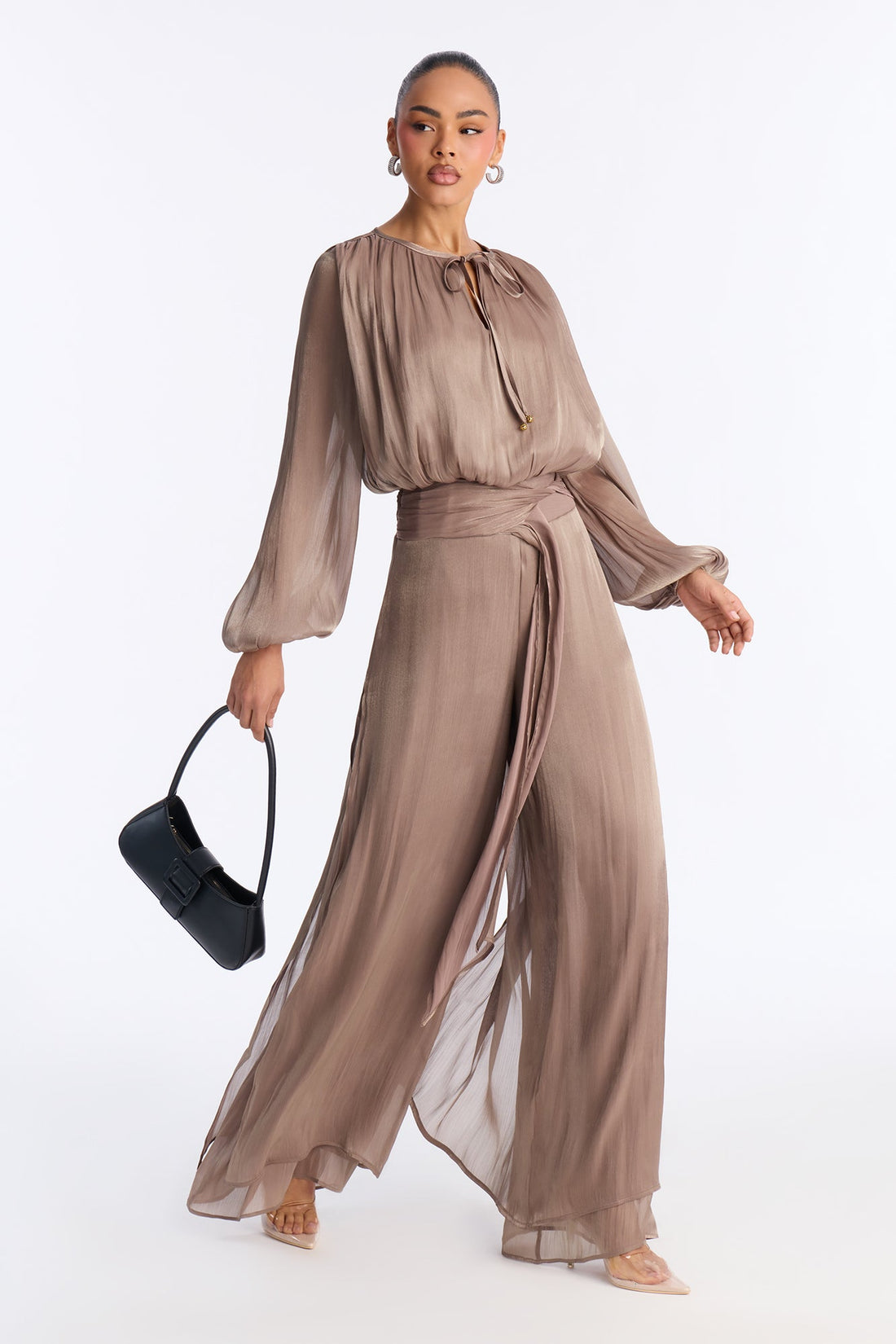 Anna Cinched Waist Draped Wide Leg Jumpsuit - Taupe