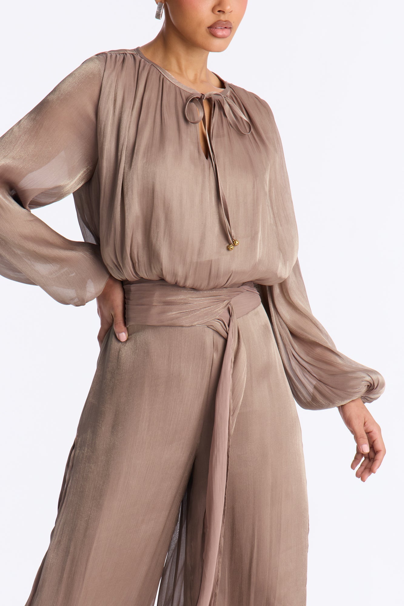 Anna Cinched Waist Draped Wide Leg Jumpsuit - Taupe