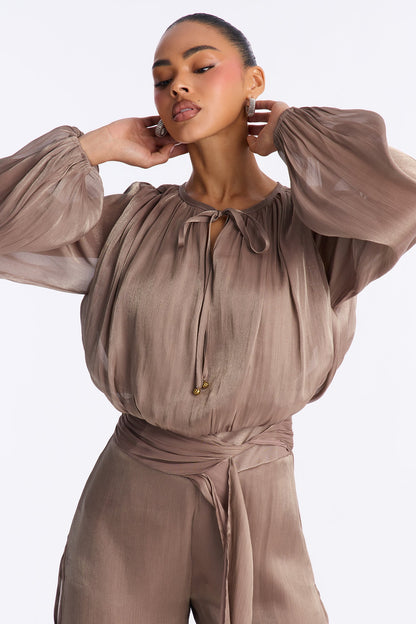 Anna Cinched Waist Draped Wide Leg Jumpsuit - Taupe
