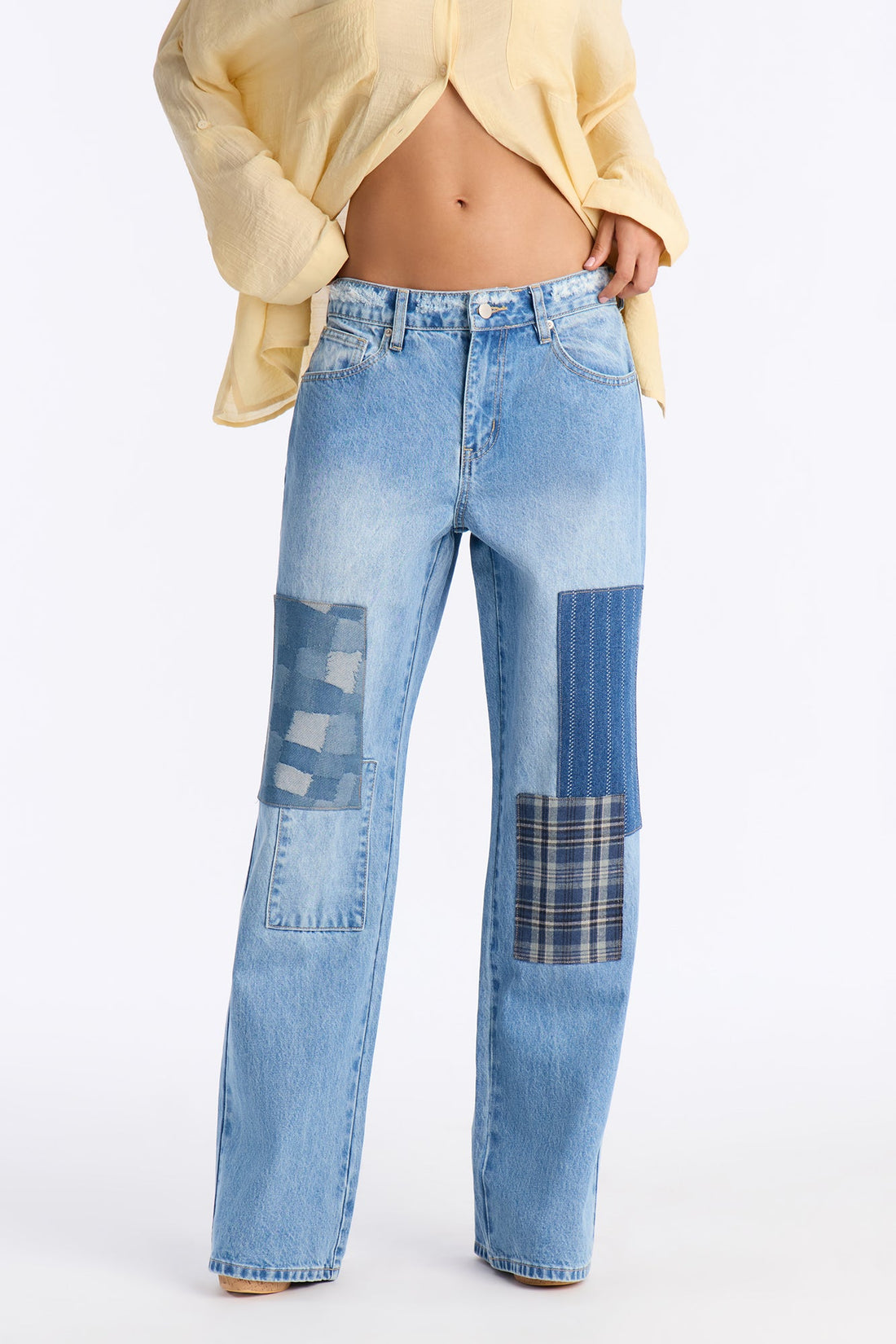 Thread Lightly Patchwork Wide Leg Jeans - Medium Wash