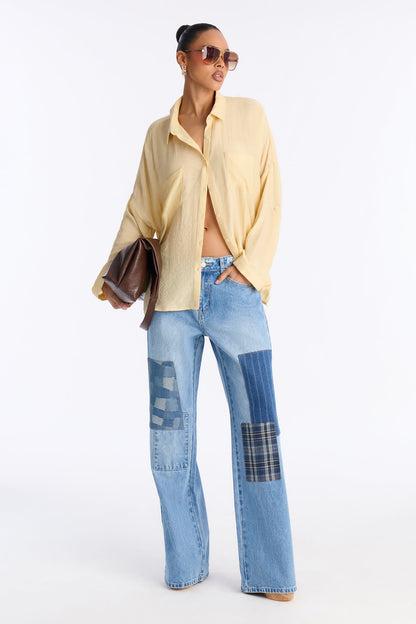 Thread Lightly Patchwork Wide Leg Jeans - Medium Wash