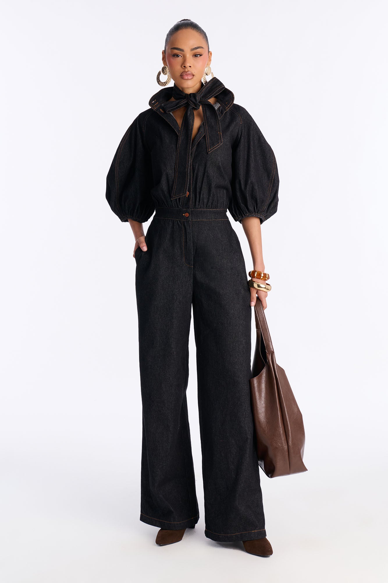 Bella Tie Neck Denim Wide Leg Jumpsuit - Dark Denim
