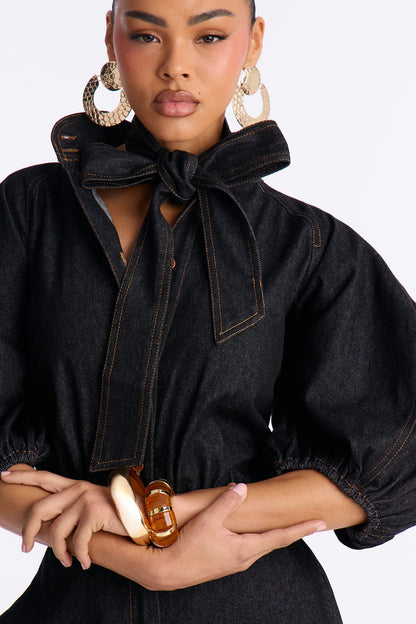 Bella Tie Neck Denim Wide Leg Jumpsuit - Dark Denim