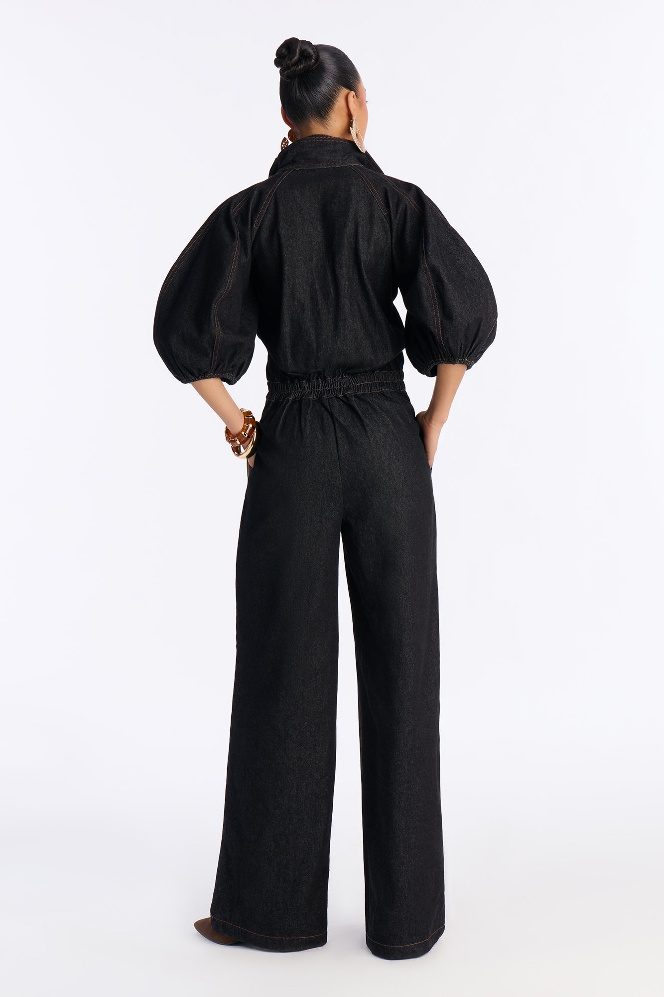 Bella Tie Neck Denim Wide Leg Jumpsuit - Dark Denim