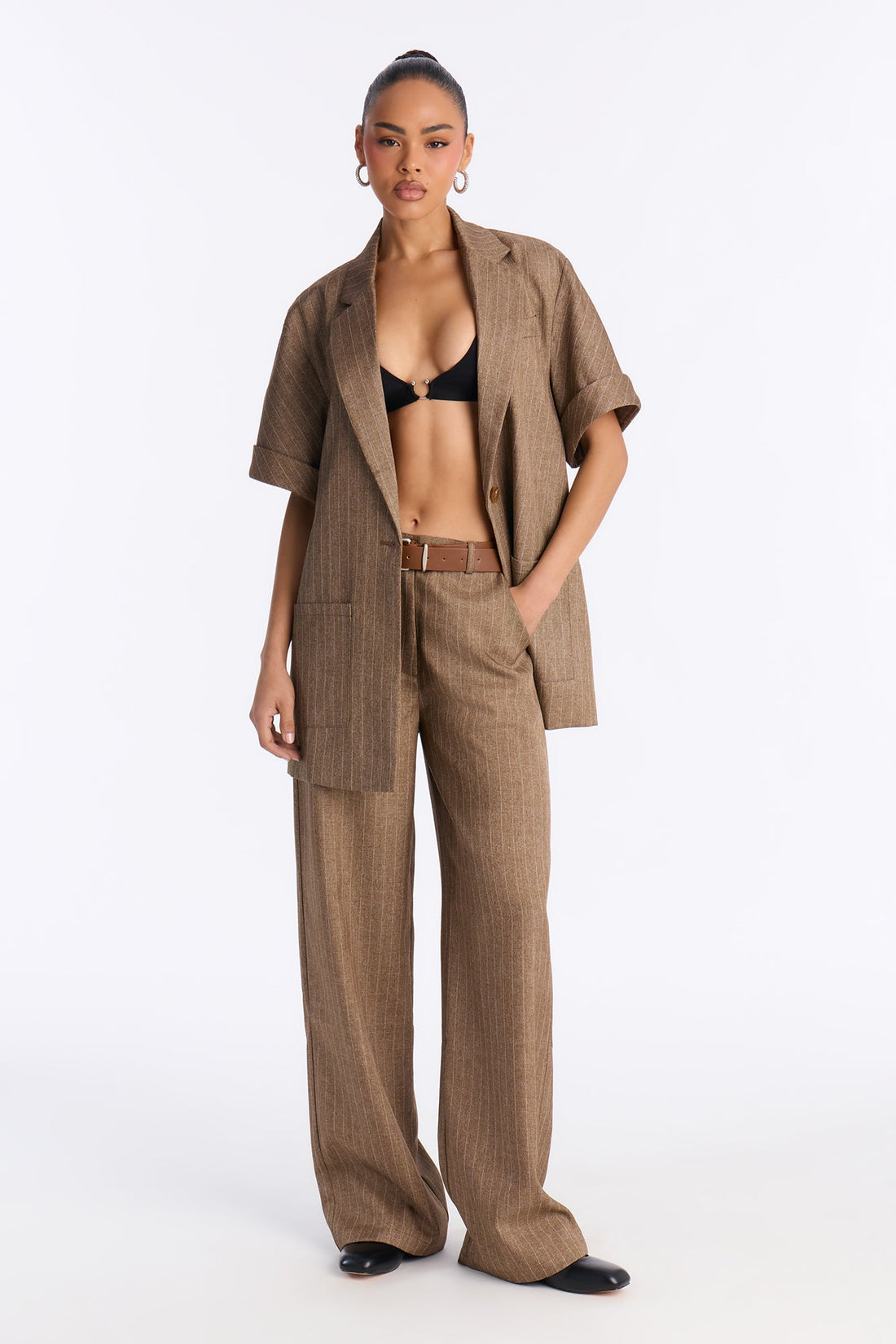 Taylor Pinstripe Short Sleeve Blazer Pant Set - Brown