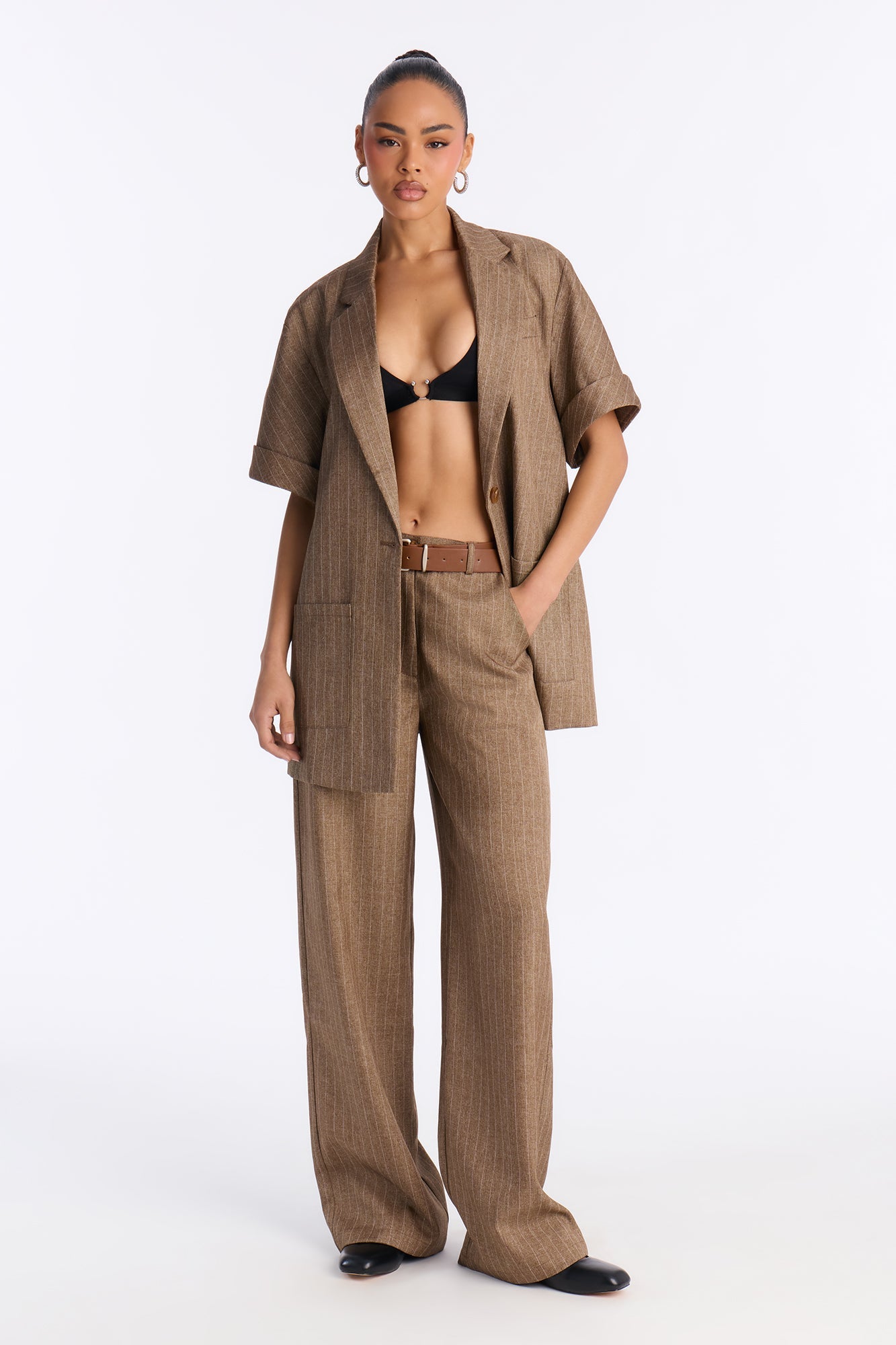 Taylor Pinstripe Short Sleeve Blazer Pant Set - Brown