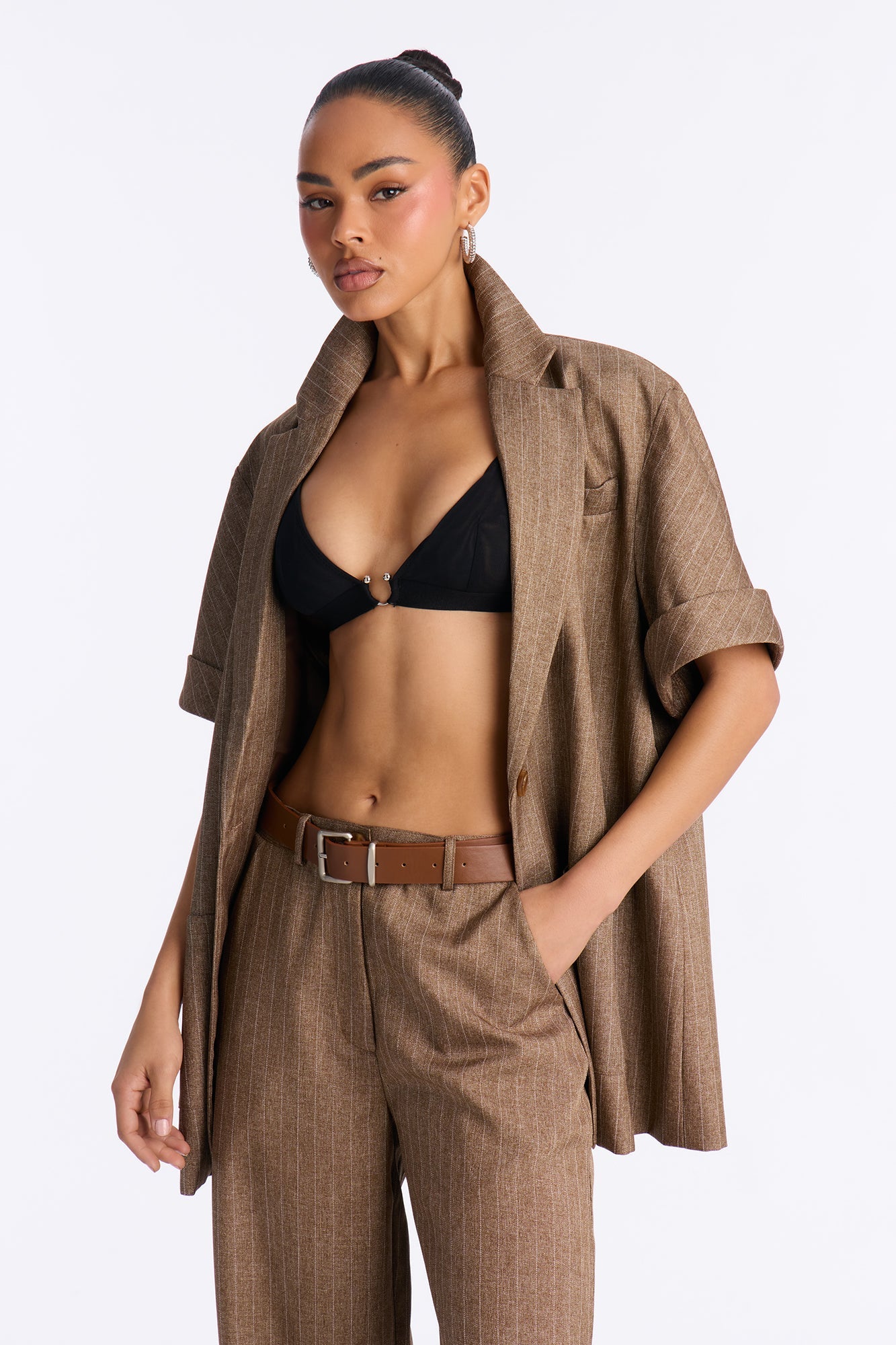 Taylor Pinstripe Short Sleeve Blazer Pant Set - Brown