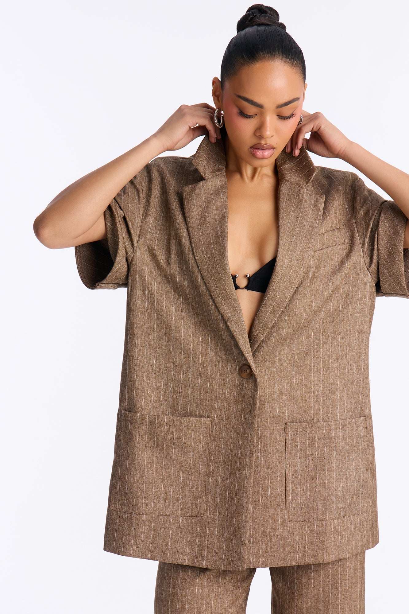 Taylor Pinstripe Short Sleeve Blazer Pant Set - Brown