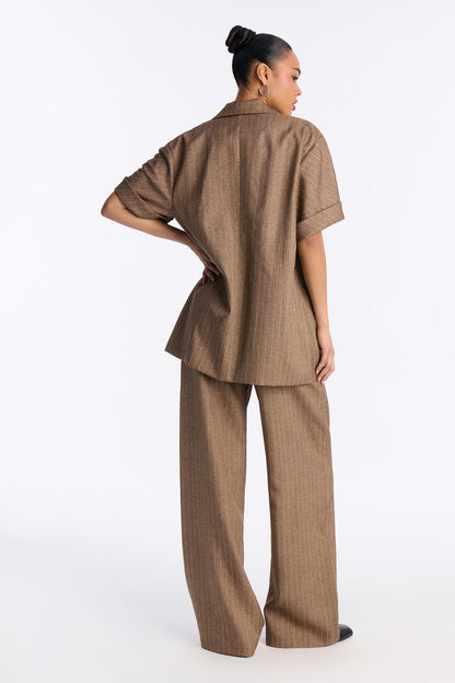 Taylor Pinstripe Short Sleeve Blazer Pant Set - Brown