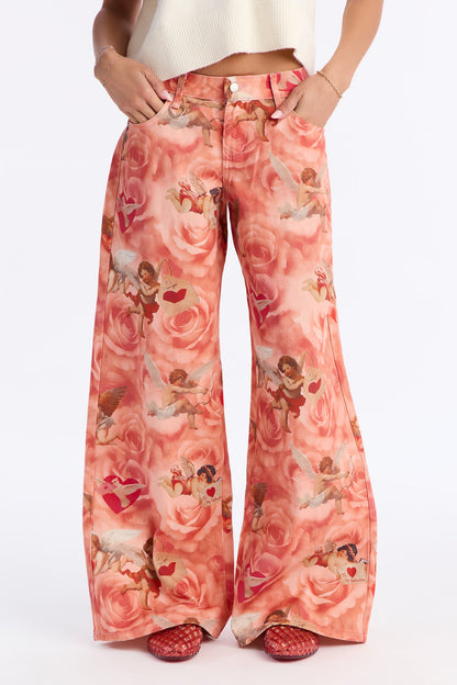 Mi Amor Cherub Printed Wide Leg Jeans - Rose/Combo
