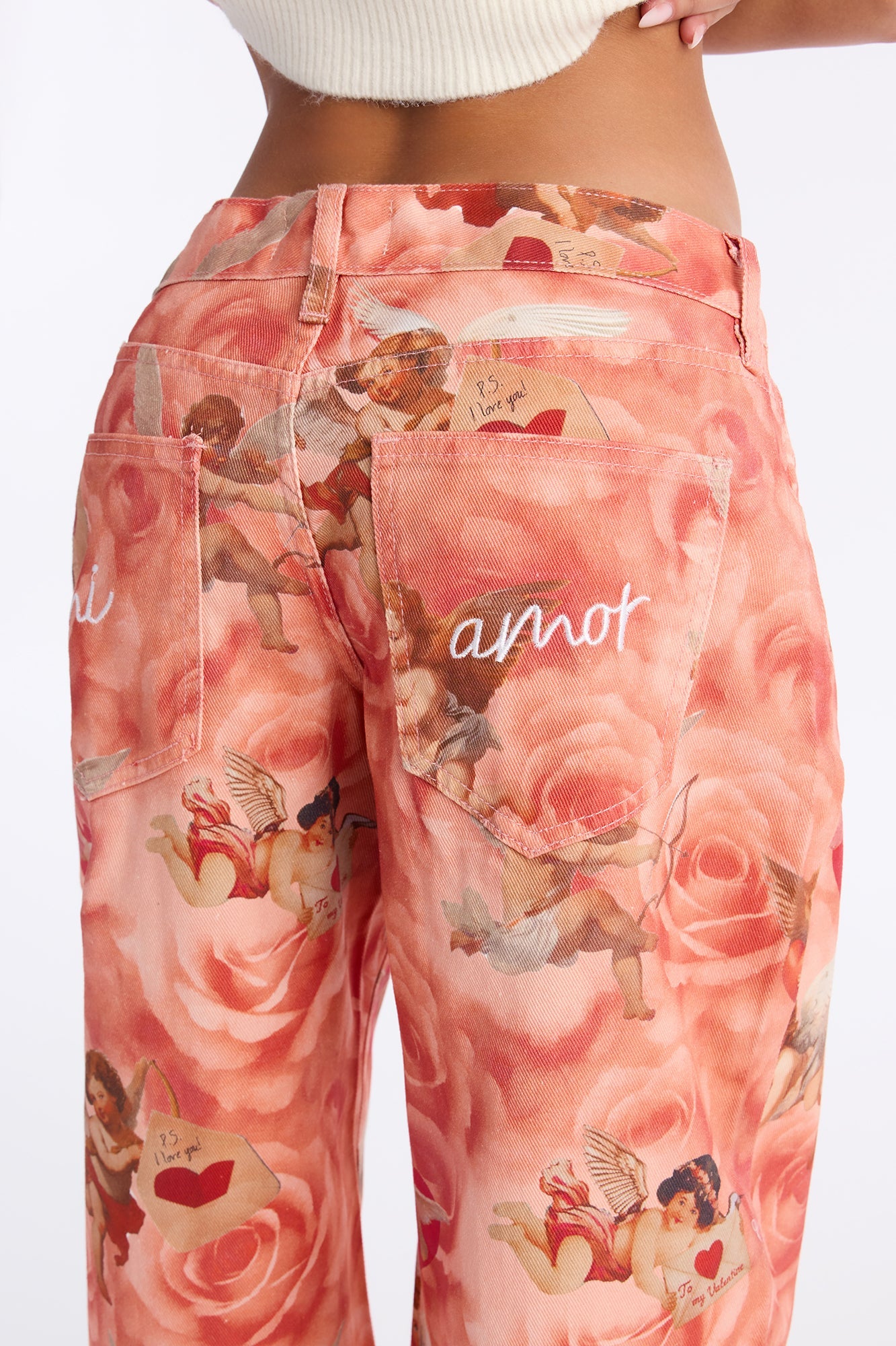 Mi Amor Cherub Printed Wide Leg Jeans - Rose/Combo