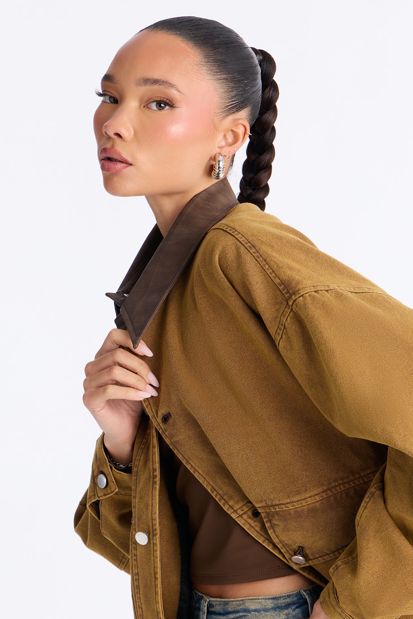 Day Trip Oversized Washed Barn Trucker Jacket - Khaki