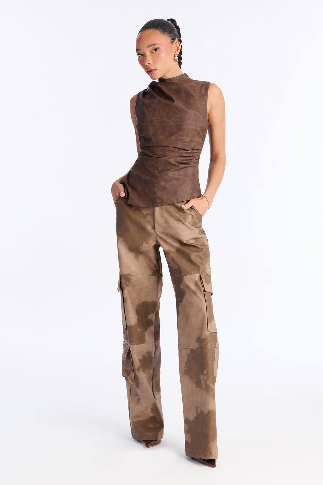 Alexa Washed Faux Leather Cargo Pant - Chocolate