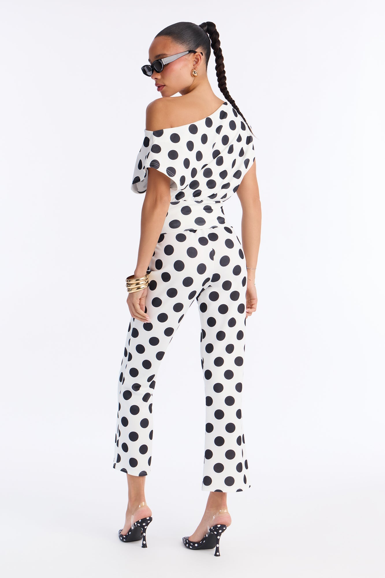Lily Polka Dot Off Shoulder Pant Set - White/Black