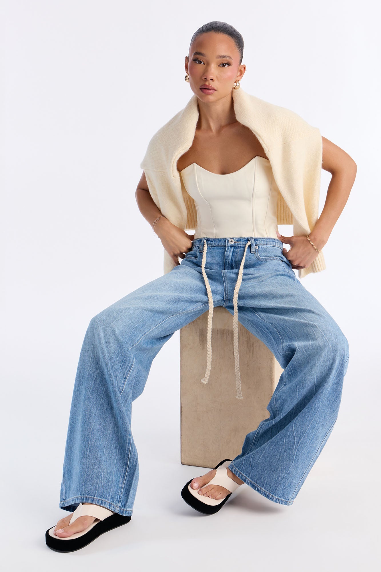 Magnolia Drawstring Wide Leg Jeans - Light Wash