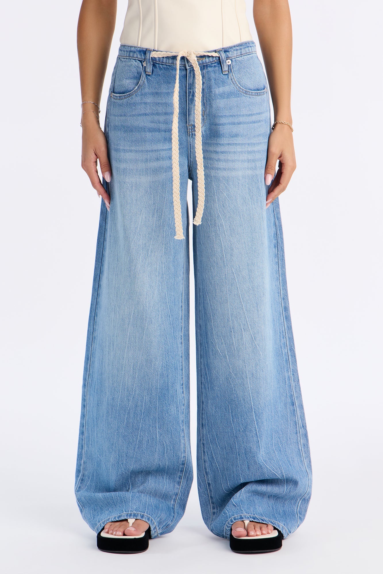 Magnolia Drawstring Wide Leg Jeans - Light Wash