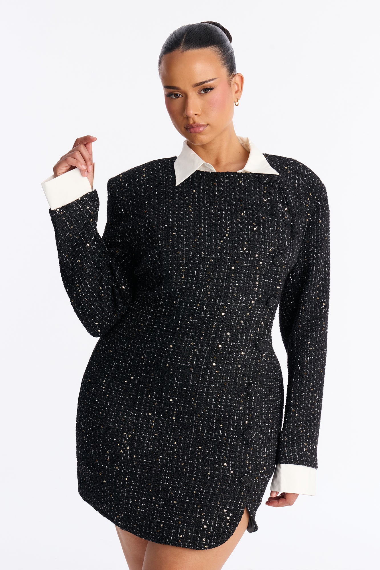Taryn Long Sleeve Tweed Mini Dress - Black