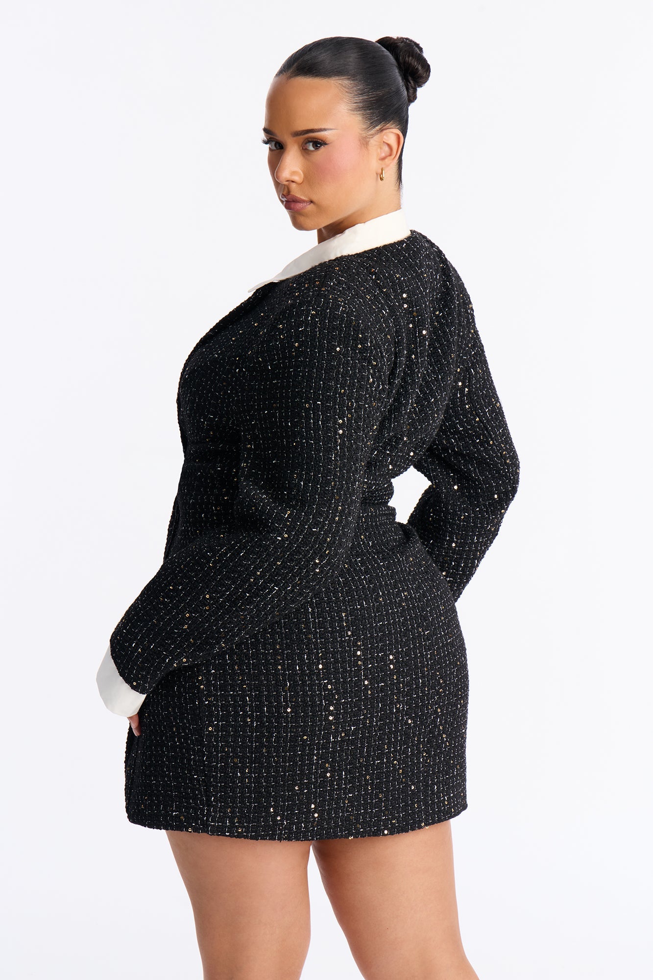 Taryn Long Sleeve Tweed Mini Dress - Black