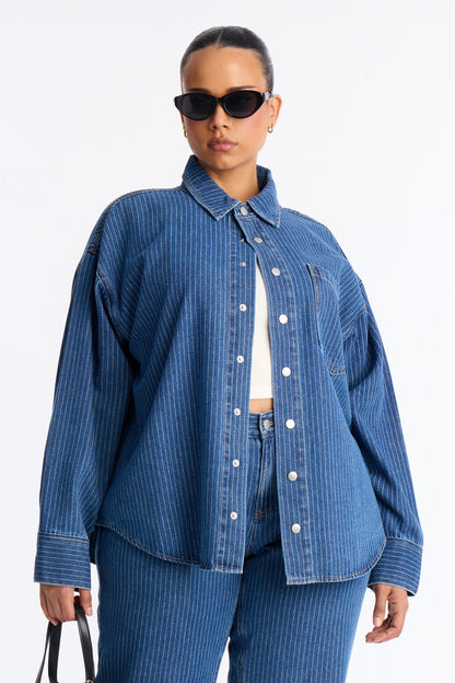 Makayla Pinstripe Denim Straight Leg Pant Set - Denim
