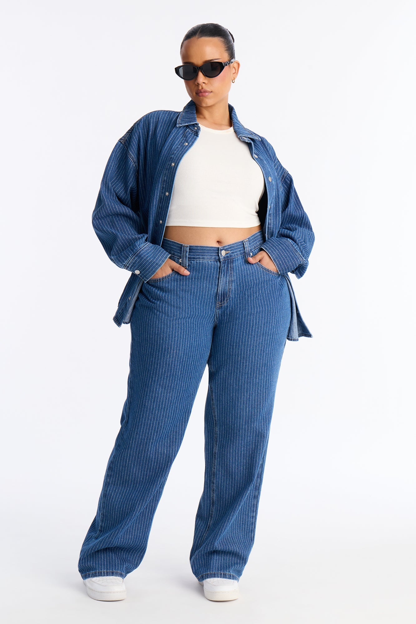 Makayla Pinstripe Denim Straight Leg Pant Set - Denim
