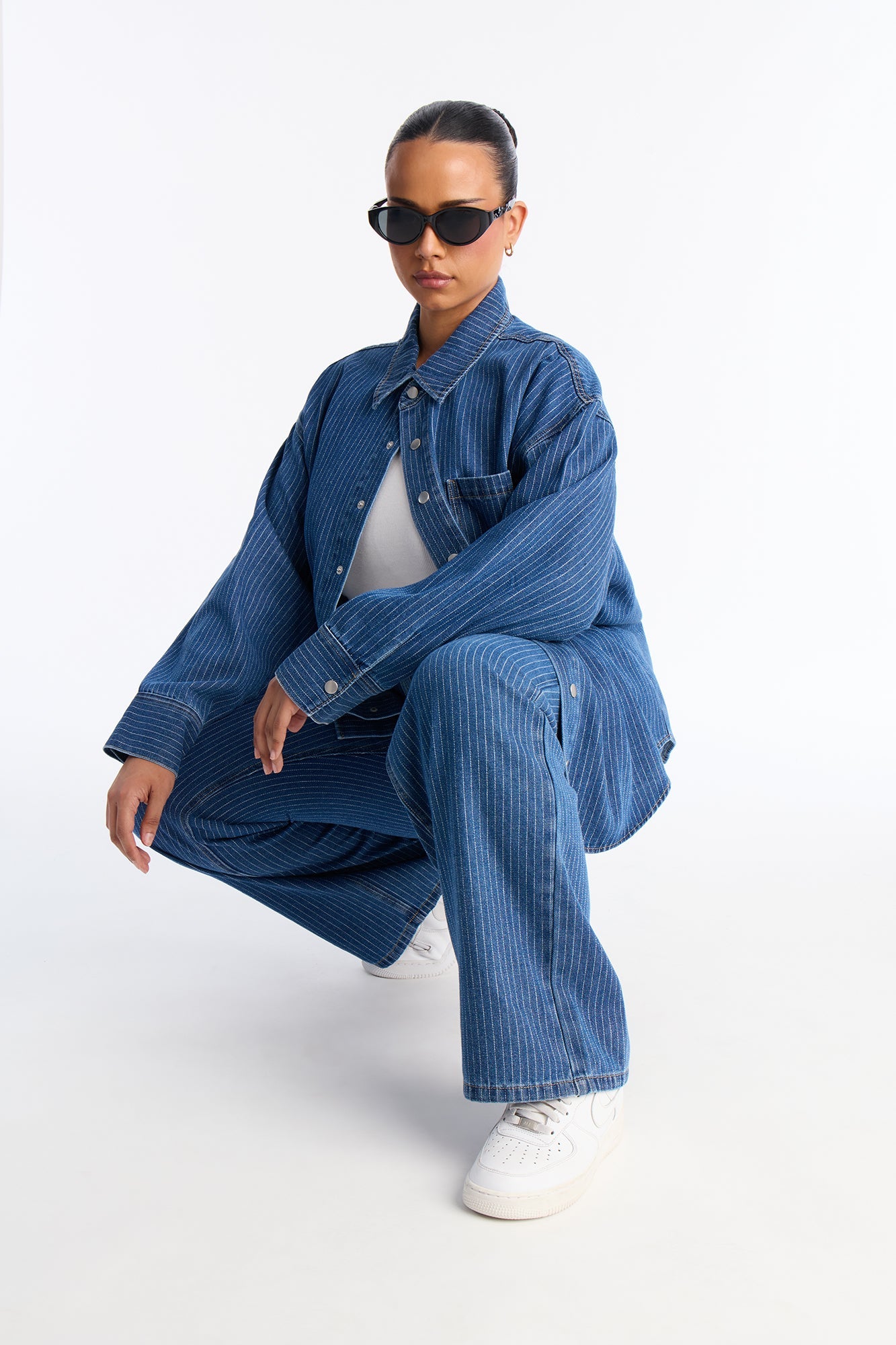 Makayla Pinstripe Denim Straight Leg Pant Set - Denim