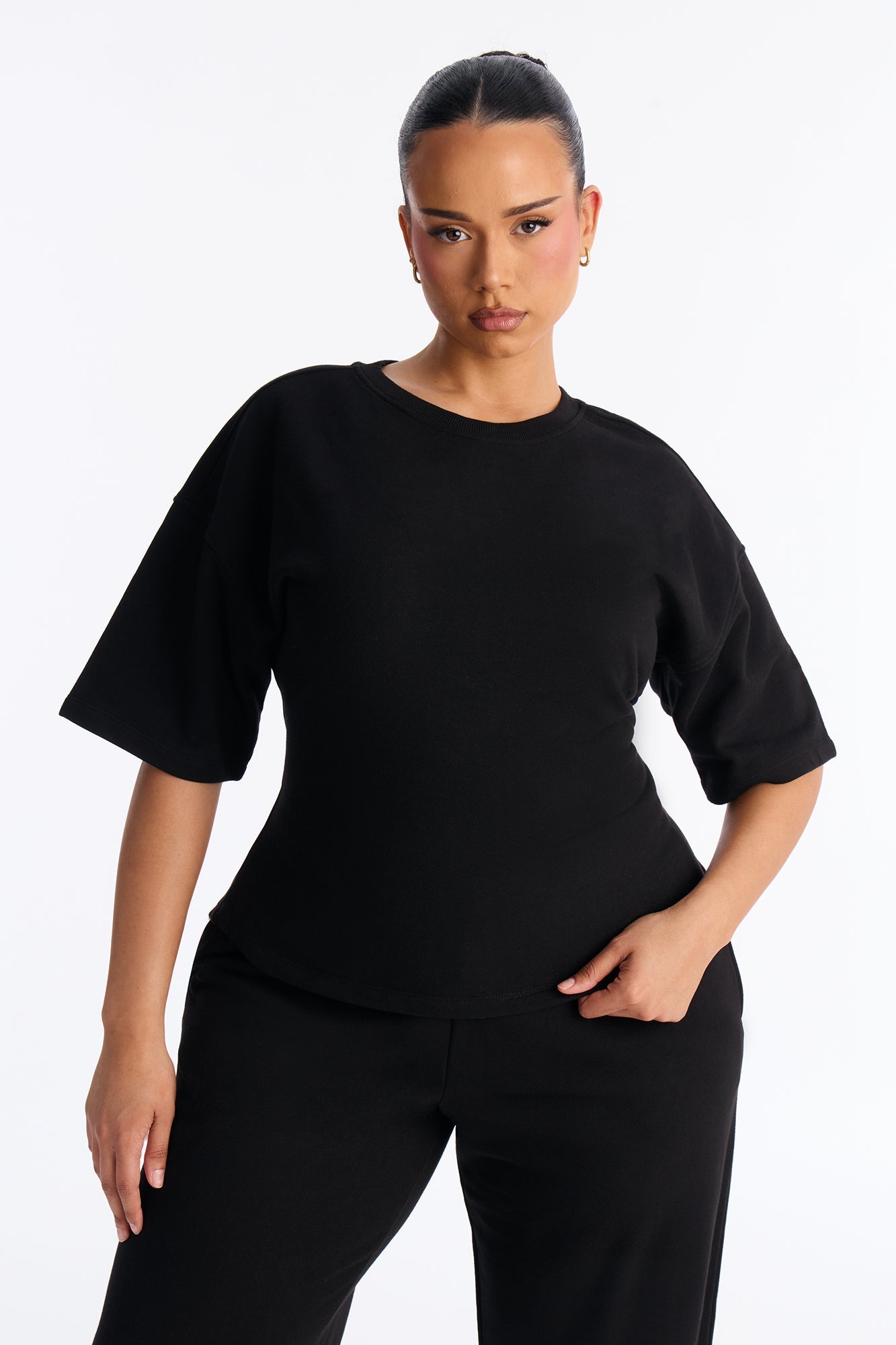Stephanie Fitted Tee Wide Leg Pant Set - Black
