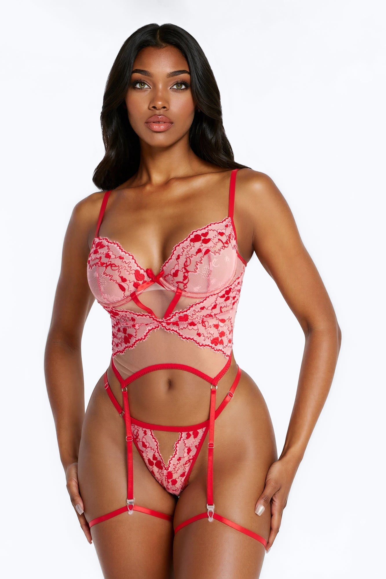 Ruby 2 Piece Mesh Lace Garter Strap Set - Red/combo