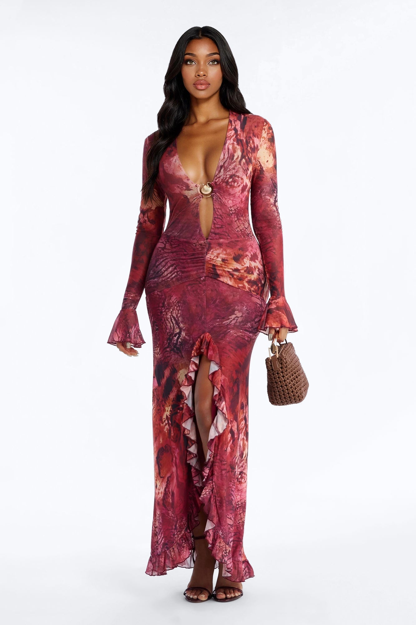 Sweet Vibe Long Sleeve Mesh Maxi Dress - Wine/combo