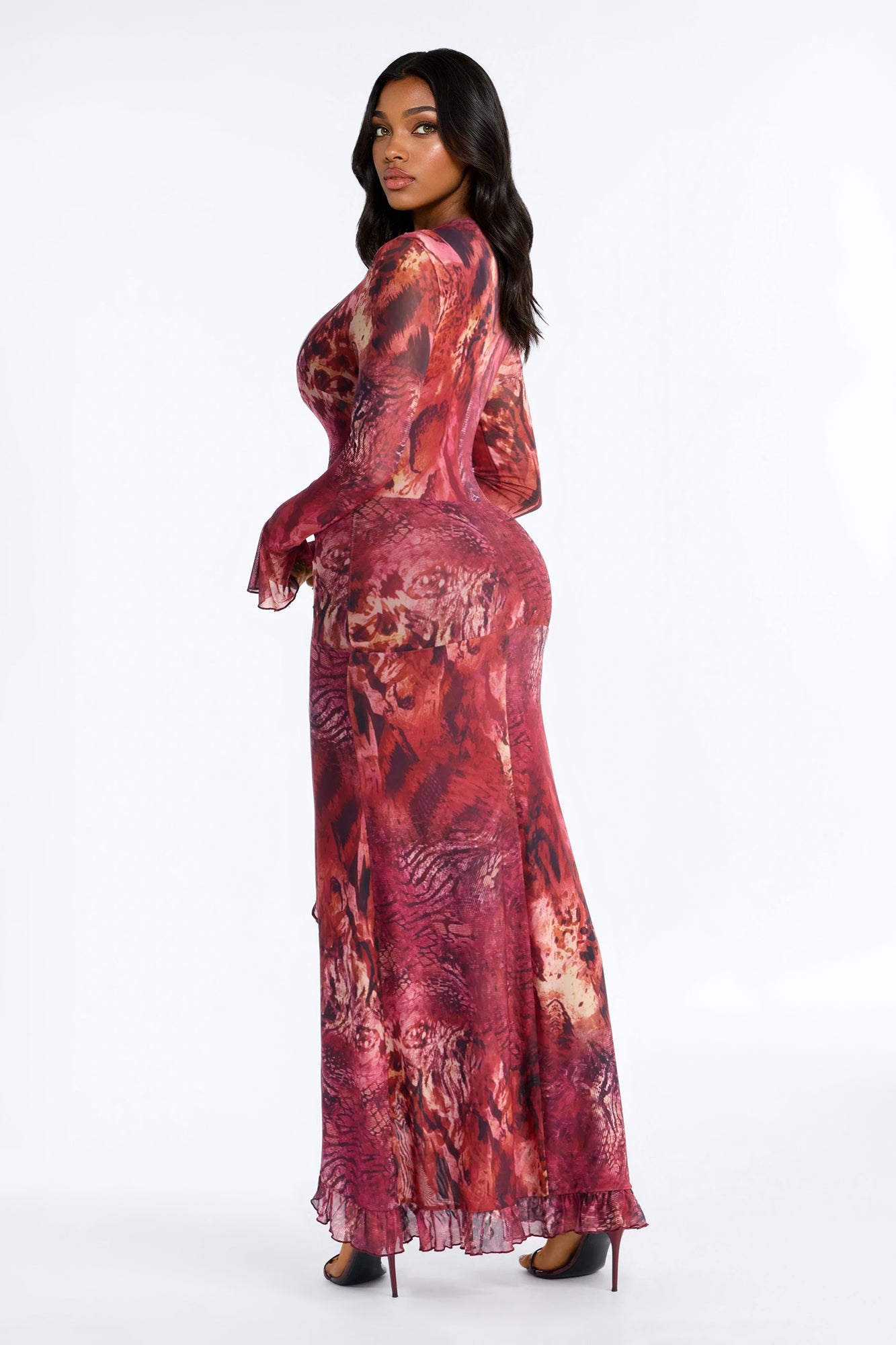 Sweet Vibe Long Sleeve Mesh Maxi Dress - Wine/combo