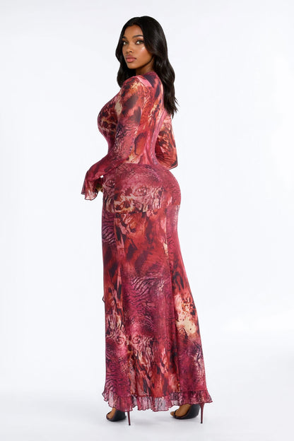 Sweet Vibe Long Sleeve Mesh Maxi Dress - Wine/combo
