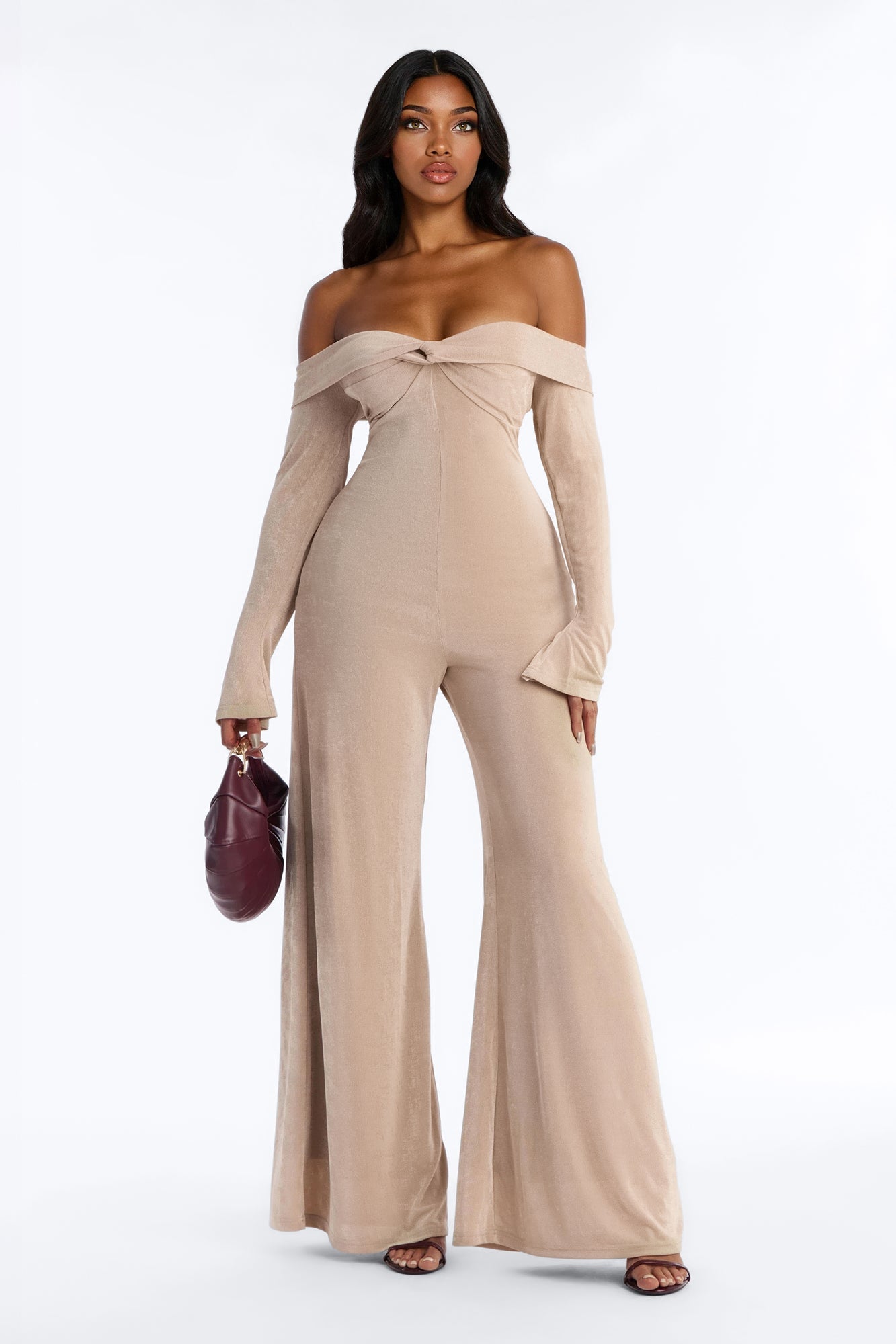 Kerisa Off Shoulder Wide Leg Jumpsuit - Taupe