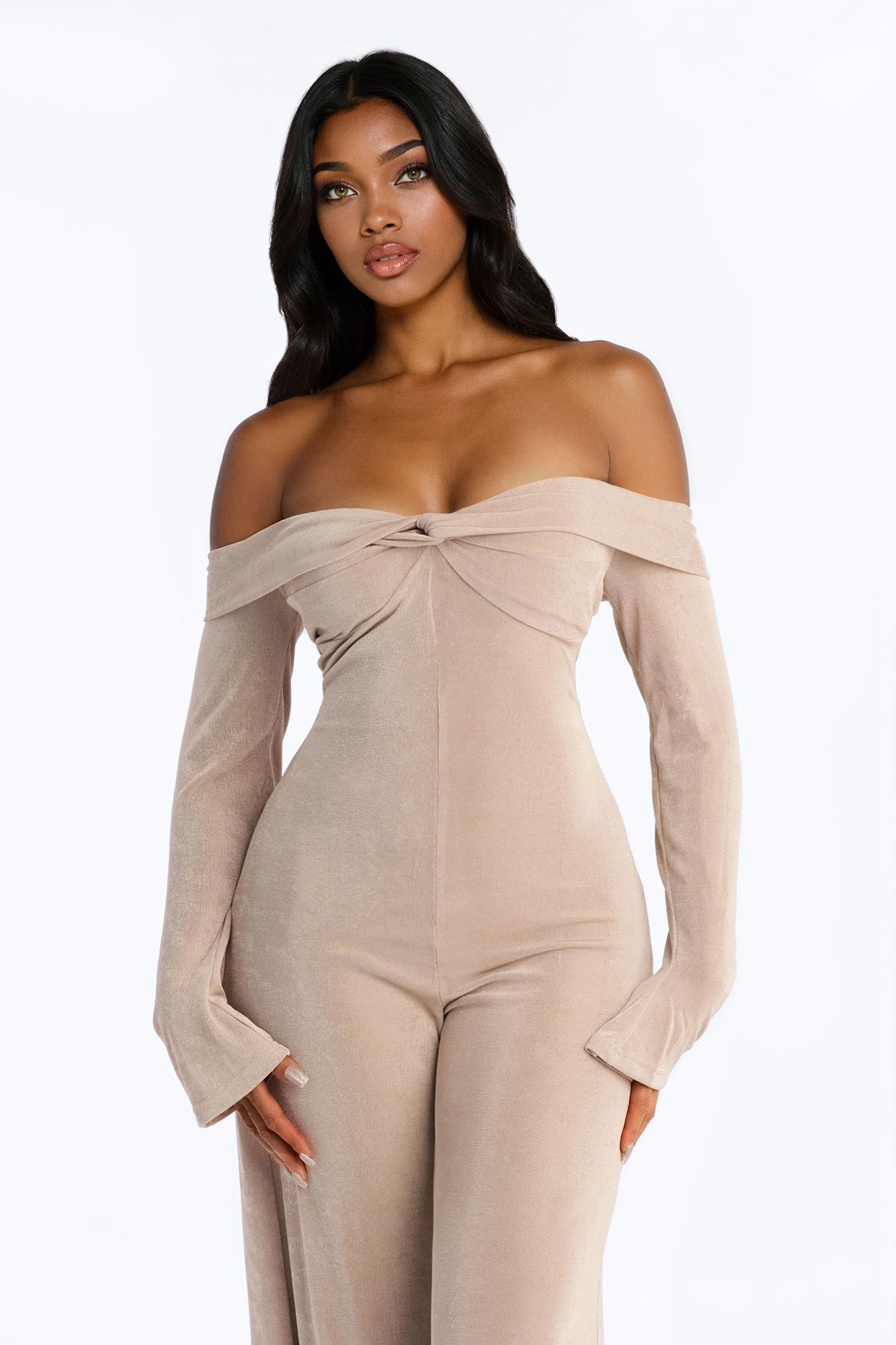 Kerisa Off Shoulder Wide Leg Jumpsuit - Taupe