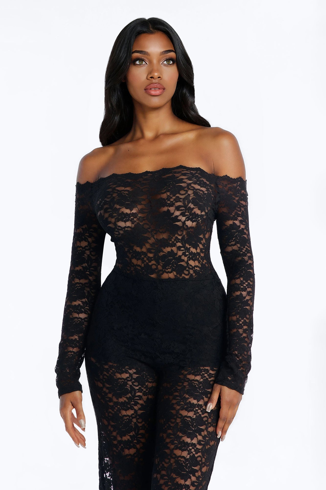 All Things Lace Off Shoulder Wide Leg Jumpsuit - Black