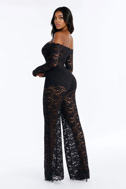 All Things Lace Off Shoulder Wide Leg Jumpsuit - Black